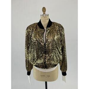 Vtg 80s Bomber Jacket Gold Foil Metallic Glam Rocker Tiger Print Windbreaker